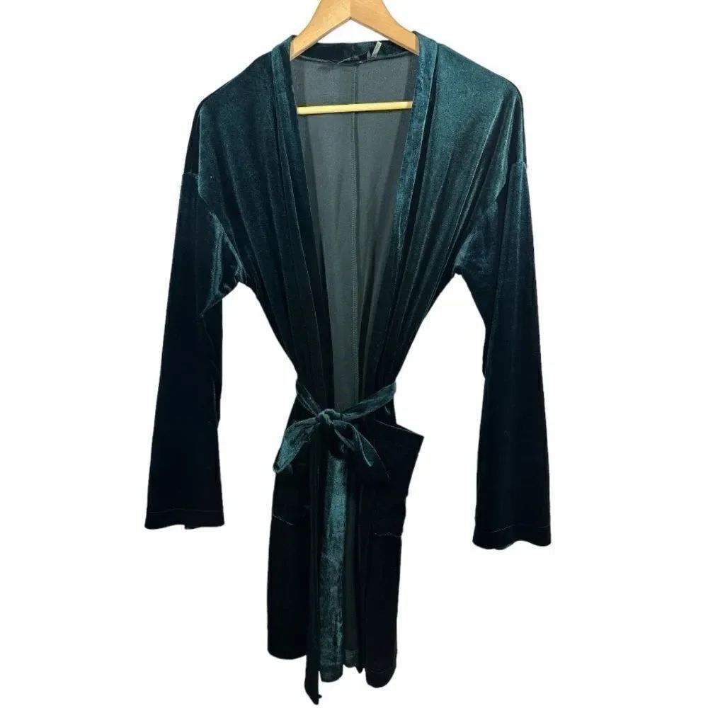 STORIA Women's Velour Belted Open Front Robe/Cardigan Jacket Green Size Small
